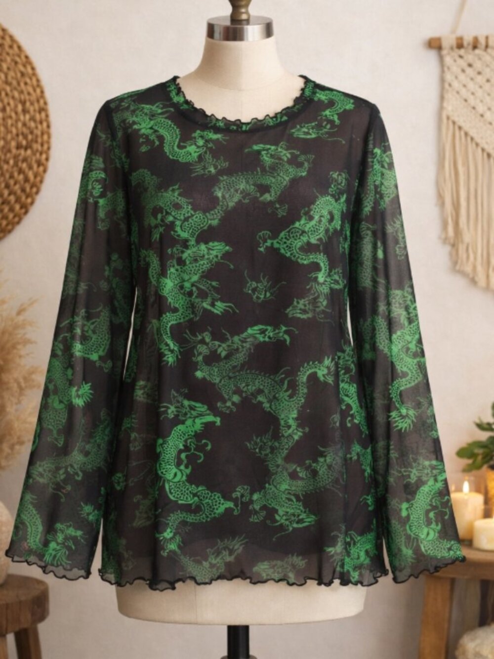 Shein Curve Dragon Mesh Sheer Top XL Y2K Goth Alt Grunge Festival Black Green